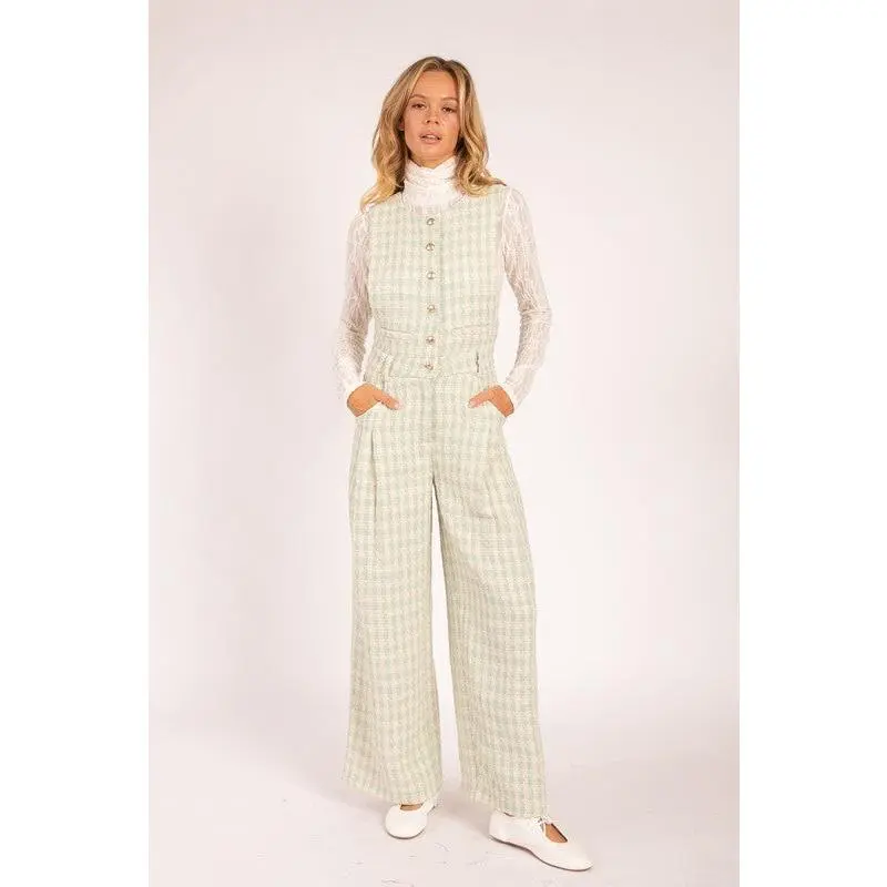 Plaid Sleeveless Jumpsuit with Button Front Sage