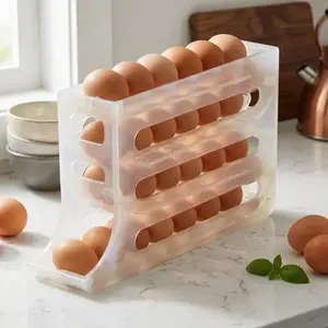 Hot Selling Automatic Rolling Egg Storage Organizer, Tiered Space-Saving Fridge Egg Holder, Large Capacity Egg Dispenser, White PP Plastic Sturdy Container, Practical Kitchen Refrigerator Food Storage Rack, Household Fresh Egg Keeper