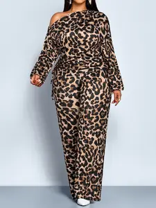 Plus Size Elegant Casual Leopard Print Two-Piece Set for Women, High Waist Long Pants and Slanted Shoulder Top, All Seasons Fashion