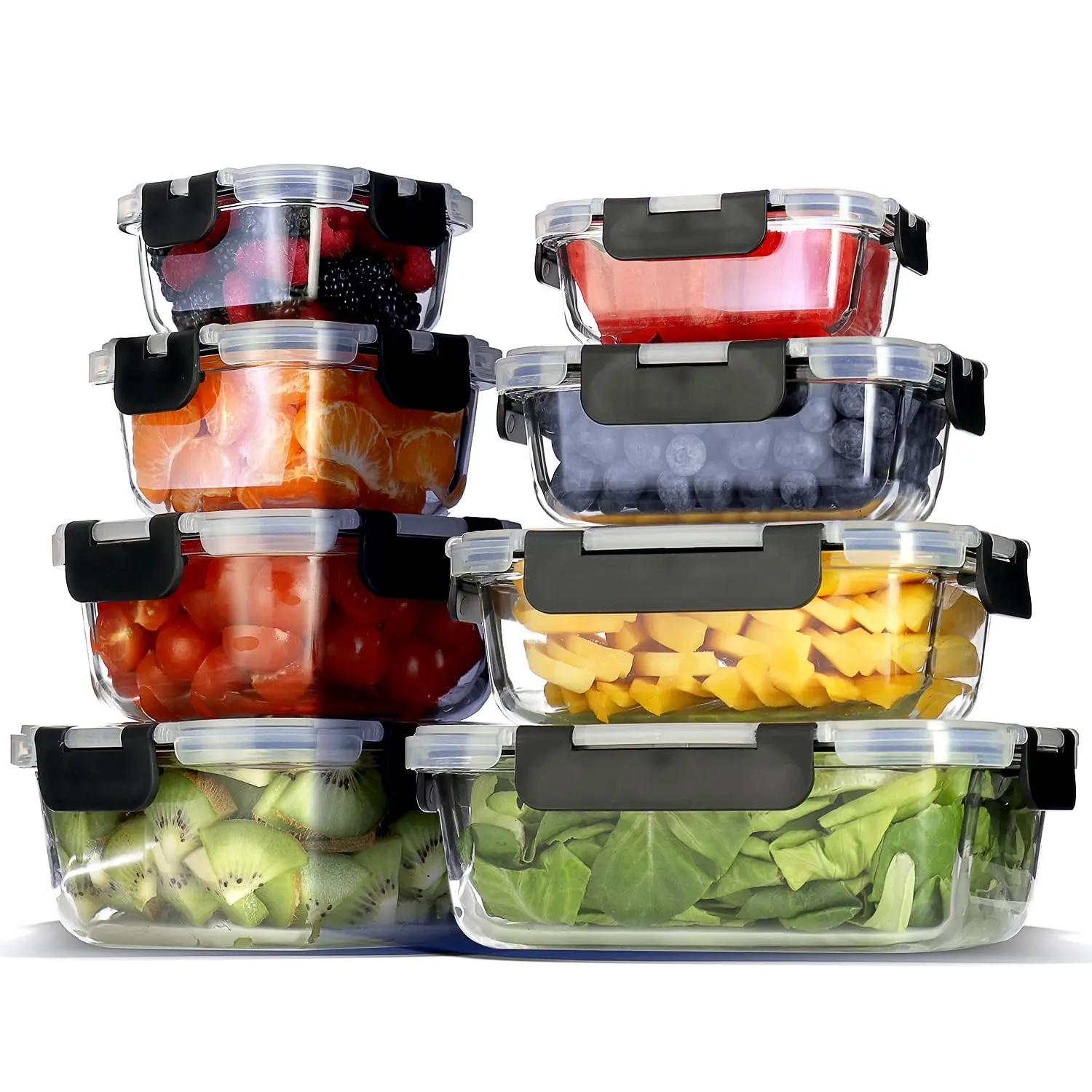16pc Glass Food Storage Containers With Lids  Airtight Meal Prep 8 Reusable Leakproof Snap Lock Oven Microwave Freezer Safe Lunch