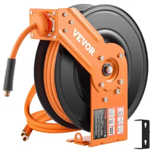 VEVOR Retractable Air Hose Reel, 3/8INx 50FT Rubber Air Hose Max 300PSI, Air Compressor Hose Reel Auto-Rewind with 5FT Lead in, Ceiling/Wall Mount Heavy Duty Single Arm Reel 180 Swivel Bracket