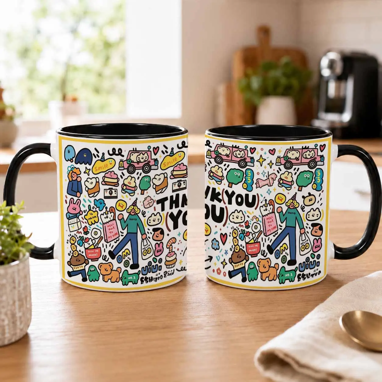 Cute Doodle Thank You Ceramic Mug (11oz-15oz) - Kawaii Animal, Smile Heart Prints, Colorful Drinkware, Washable Coffee Cup, Fun Appreciation Gift for Office, Home, Drink