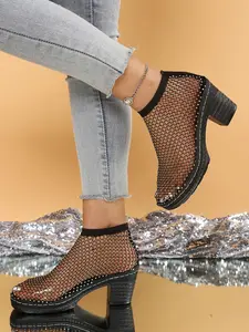 Women's Fashionable Glitter Decorated Mesh Booties, Boho Style Ankle Boots for Summer, Lightweight Breathable Comfortable Shoes for Daily Wear, Girl