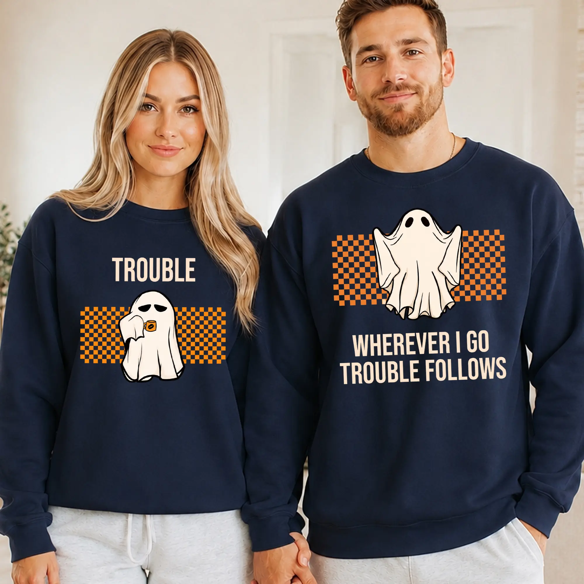 Trouble Couple Sweatshirt, Wherever I Go Trouble Follows Crewneck Top, Ghost Checkerboard Halloween Couple Sweater, Funny Unisex Matching Couple Pullover Top, Spooky Season Relationship Crewneck Sweatshirts
