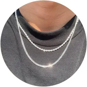 Tewiky Trendy 2Pcs 3mm Chain Necklace for Men Layered Cuban Link Rope Necklaces Set Simple Jewelry Gift 18-28 Inches For Valentine's Day Dainty Gold Plated