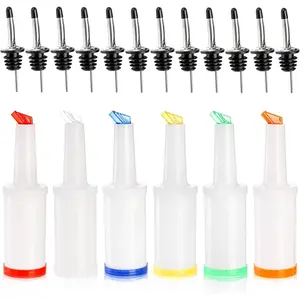 6 Pack Plastic Juice Pour Bottles with 12 Stainless Steel Bottle Pourer, 34OZ Plastic Juice Dispensers for Bar Home Kitchen Party Supplies