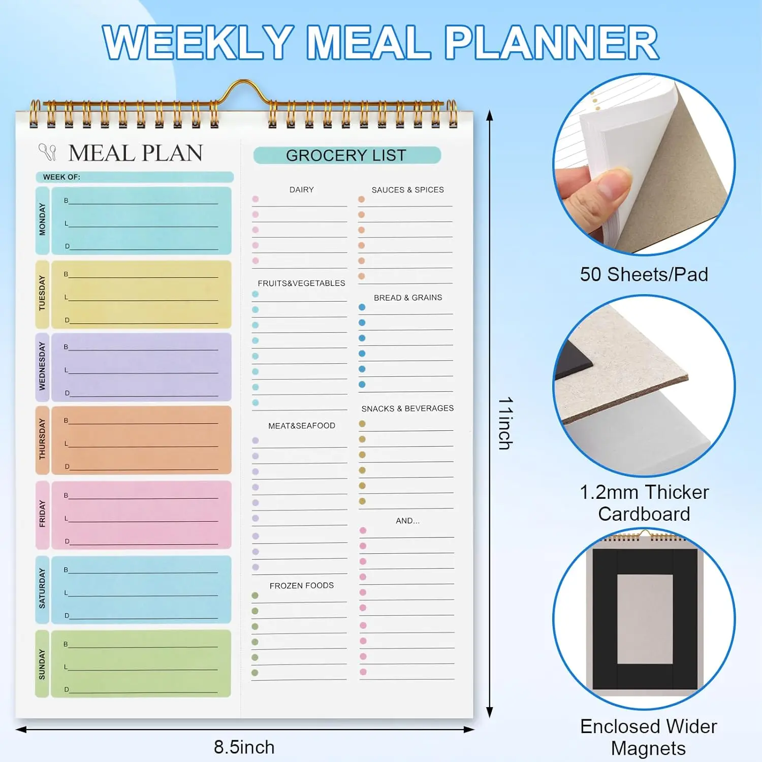 Weekly Meal Planner Notebook with Grocery List, Magnetic Fridge Meal Planner Pad, 50 Tear-Off Sheets, 8.5x11 Double Spiral Menu Planner for Meal Prep & Kitchen Organization