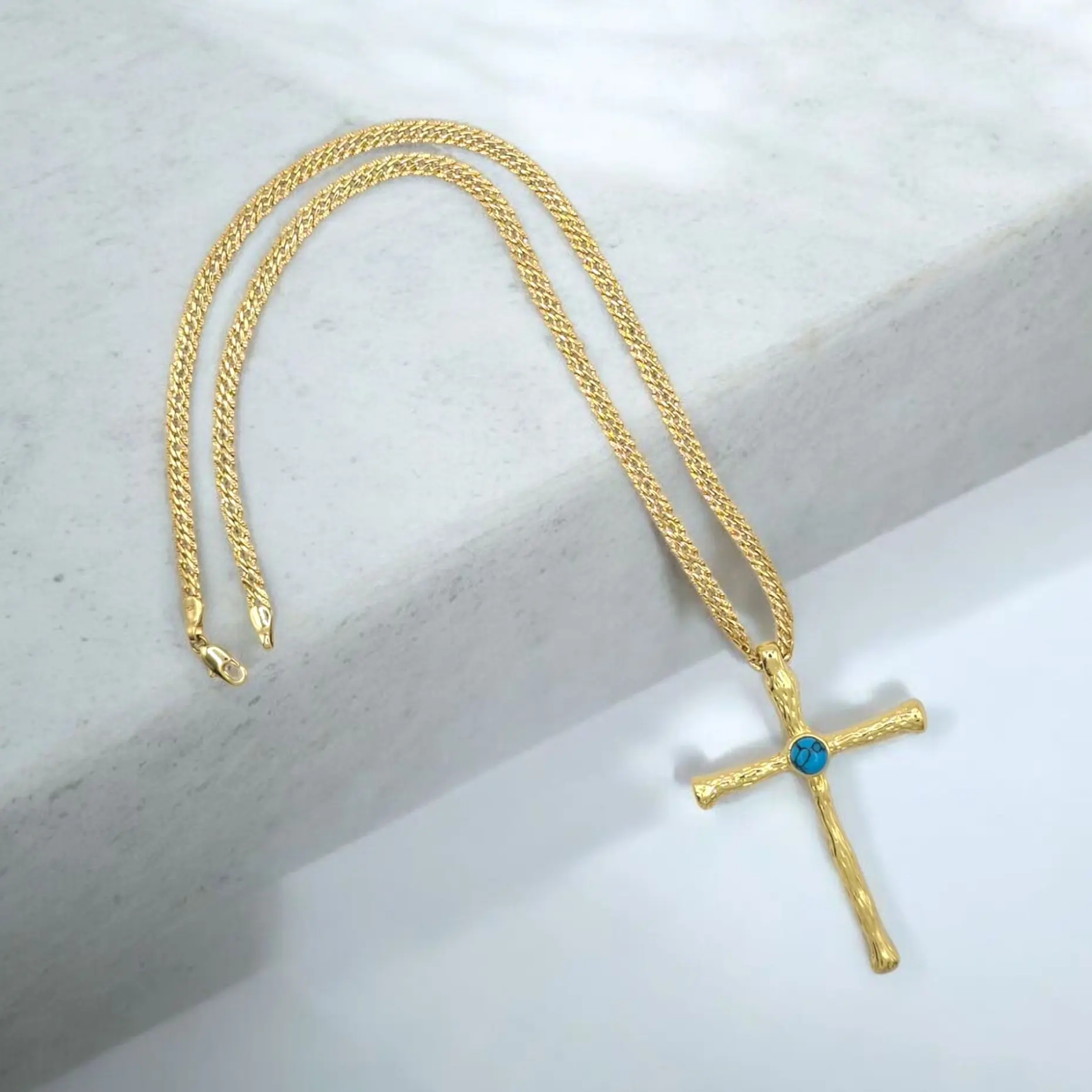 Spanish Link Chain Necklace with Big Cross Pendant Women's Accessory in Blue Design Jewelry 20 Inches Chain Length Daily Wear