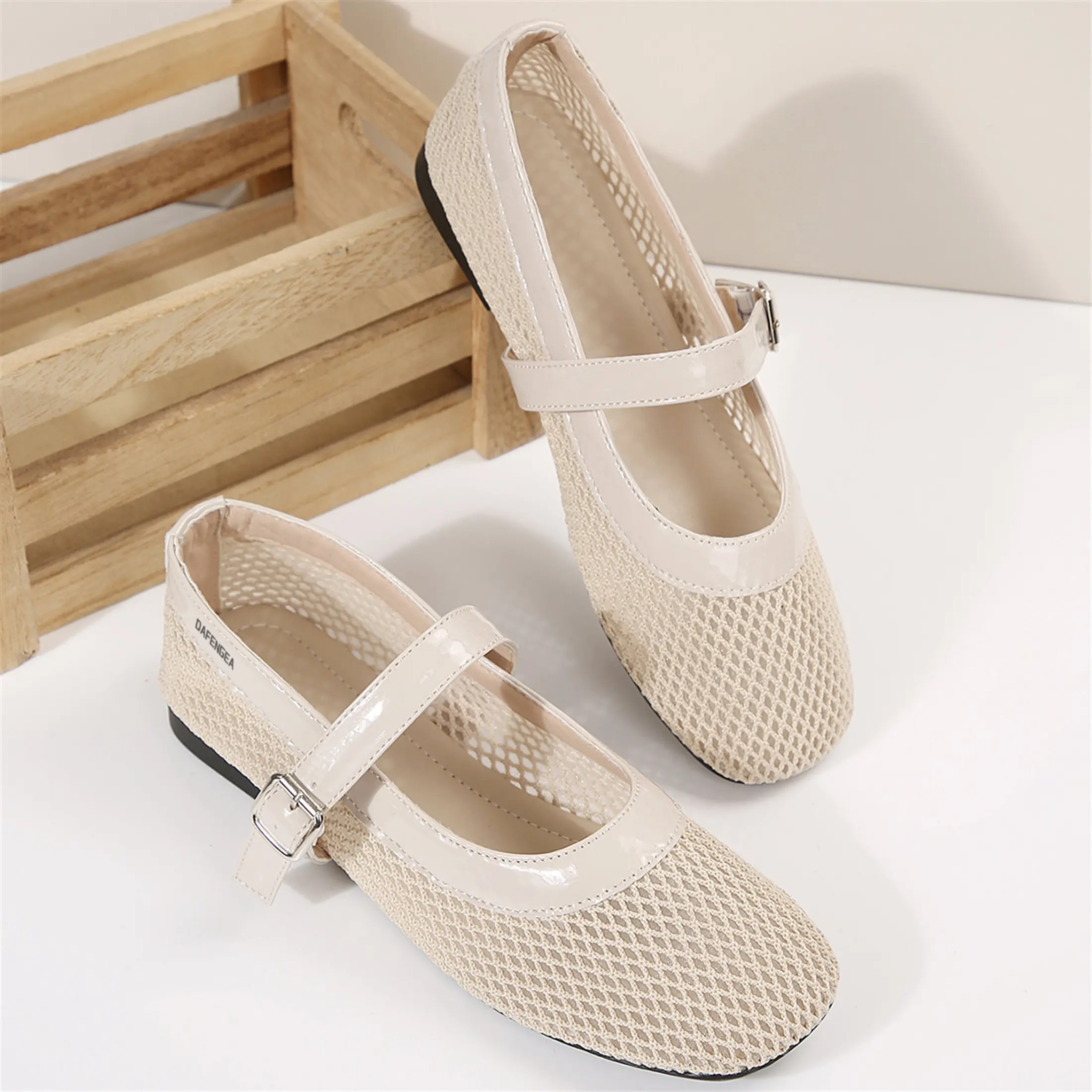 Sandals for Women Lightweight Comfortable Lace-Up Buckle Strap Mesh Ballet Flats Fishnet Summer Footwear