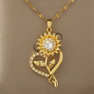 360 °   Rotating Sunflower & Heart Pendant Necklace - 18K plated Plated Synthetic Zirconia Jewelry Gift for Women, Birthday Christmas Present for Her, Elegant Dangle Chain with Sparkling Accents, Flower Necklace, Sentimental Keepsake, Stylish Accessory