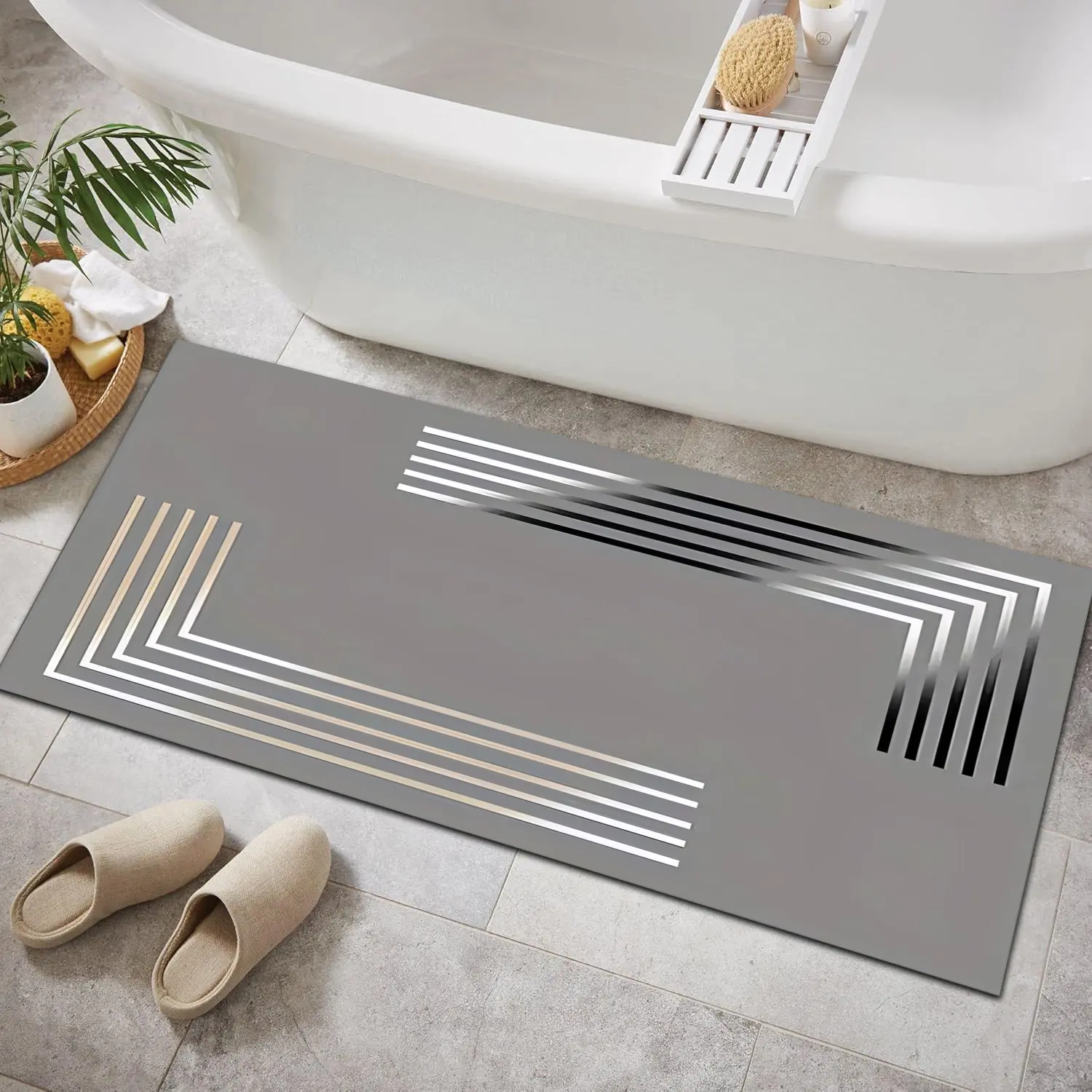 A minimalist-style diatomite bathroom mat, Absorbent Bathroom Mats, Non Slip, water-absorbent, made of soft polyester fiber with a rubber base, suitable for modern home decor and bathroom accessories