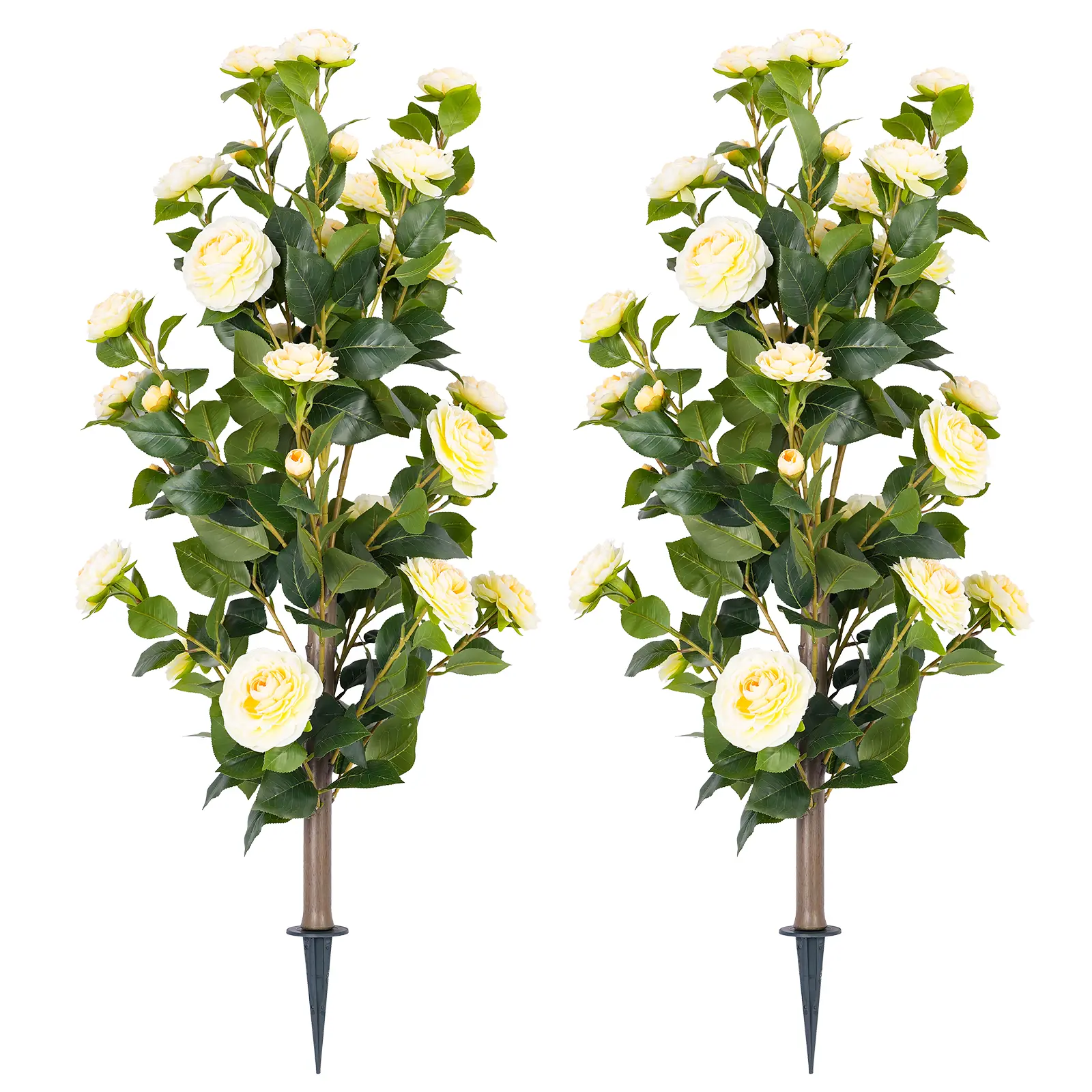 DLD 36" Artificial Camellia Tree with Ground Spike, 2Pack PINK Faux Camellia Flower UV Resistant Floral Blooming Bush for Indoor Outdoor Wedding Front Door Porch Garden Backyard Garden yellow Artificial plant