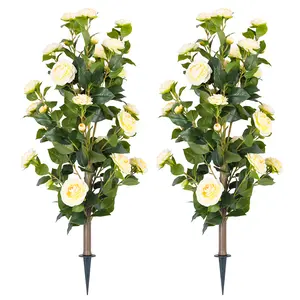 DLD 36" Artificial Camellia Tree with Ground Spike, 2Pack PINK Faux Camellia Flower UV Resistant Floral Blooming Bush for Indoor Outdoor Wedding Front Door Porch Garden Backyard Garden yellow Artificial plant