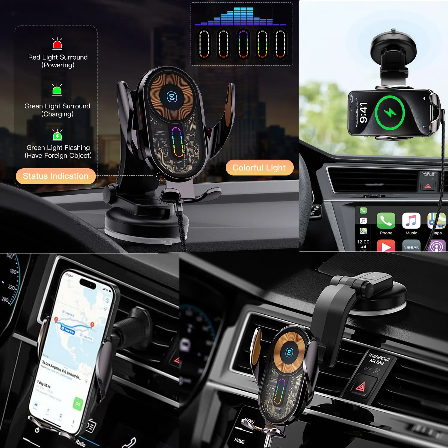 15W Fast Wireless Charging Cellphone Holder, Dual Mount Car Charger Mount, 45W Adapter for iPhone 15 14 13 12 Pro Max, Samsung Galaxy S24 S23 Mobile