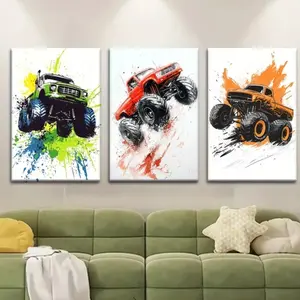 3pcs Watercolor Monster Truck Poster Set with Wooden Frame, Ideal for Living Room Library Office Cafe Bar Decor, Artistic Mdf Material