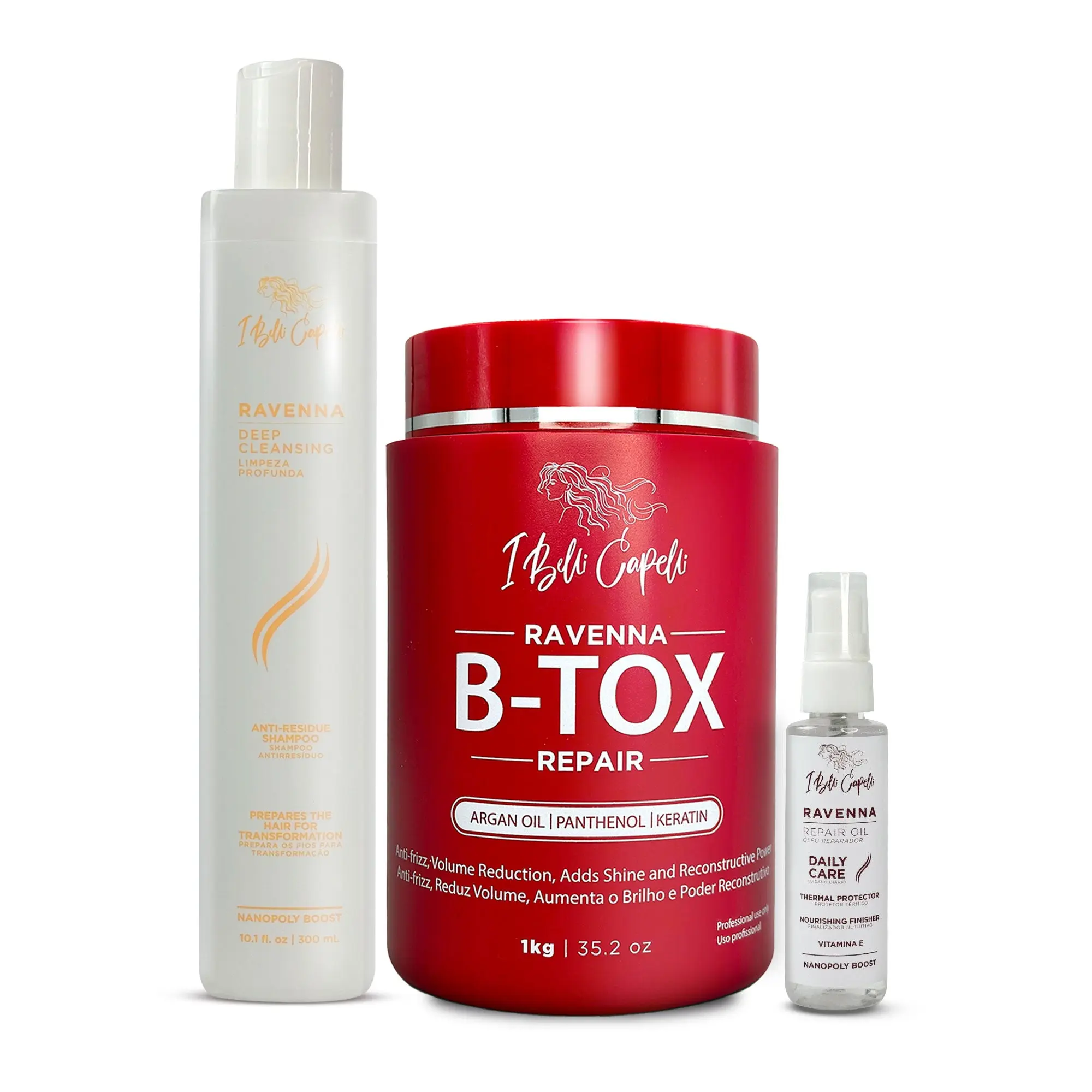 I BELLI CAPELLI Ravenna B-Tox Repair Haircare Kit with Keratin, 3-Piece Treatment for Frizz Control & Shiny Hair, Includes Moisturizer Mask (1kg), Cleanser Shampoo & Silky Oil
