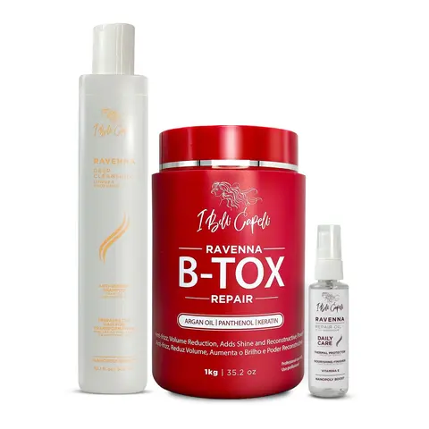 Ravenna B-Tox Repair Haircare Kit for Adults - 1kg Anti-Residue Shampoo (Cleanser), 60ml Oil, B-Tox Repair Mask, Fine & Normal Hair, Cruelty-Free, Deep Cleansing, Moisture Boost, Frizz Control, Keratin Infusion, Damaged Hair Rebuilder, Selfcare Essential