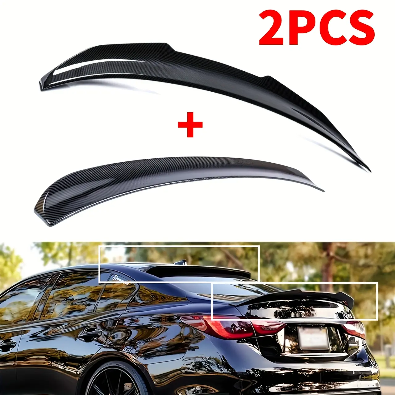 2014-2024 Infiniti Q50 - 2-Piece Body Kit, JDM Style Roof Spoiler & PSM Style Rear Trunk Spoiler (Gloss Black/Carbon Fiber)