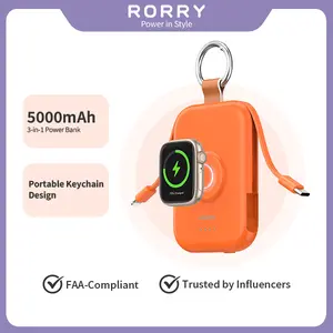 RORRY CharmGo Portable Charger 5000mAh Keychain Power Bank with Integrated Wireless Charging for Apple Watch & iPhone 17-11 Series Compact Travel Friendly Design Perfect Gift