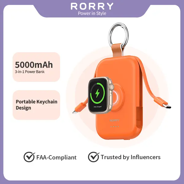 RORRY CharmGo Portable Charger 5000mAh Keychain Power Bank with Integrated Wireless Charging for Apple Watch & iPhone 17-11 Series Compact Travel Friendly Design Perfect Gift, Accessories, Mobile, techvibes