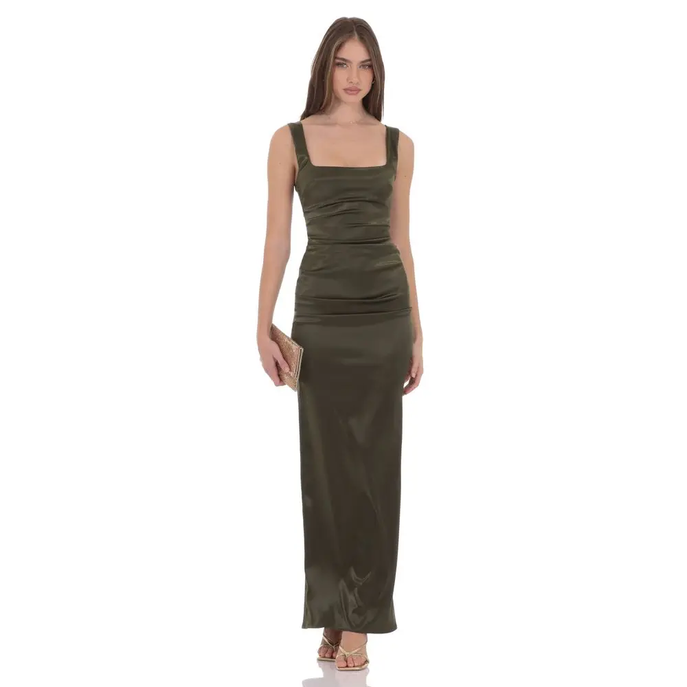 Satin Bodycon Maxi Dress in Olive Green
