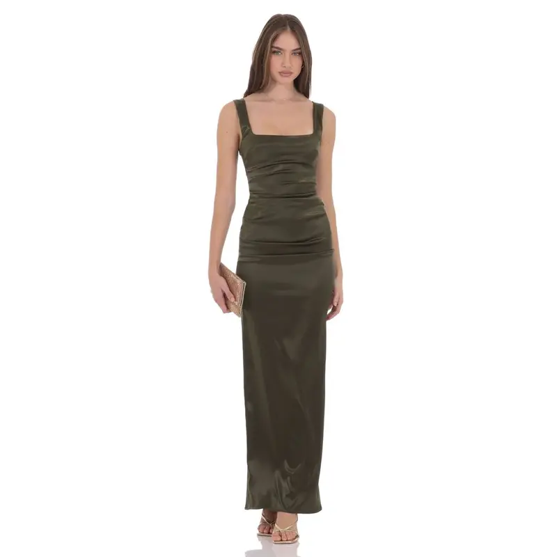green silk bodycon dress Cowl Neck Ruched Bodycon Midi Dress in Green - 6 main image 0
