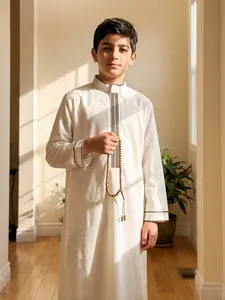 Arabian Boy Traditional Thobe, Cultural Embroidery Button Design, Stand Collar Long Sleeve, Pockets, Ages 8-12, Ramadan/eid/daily/formal Wear, Islamic, Modesty, Prayer