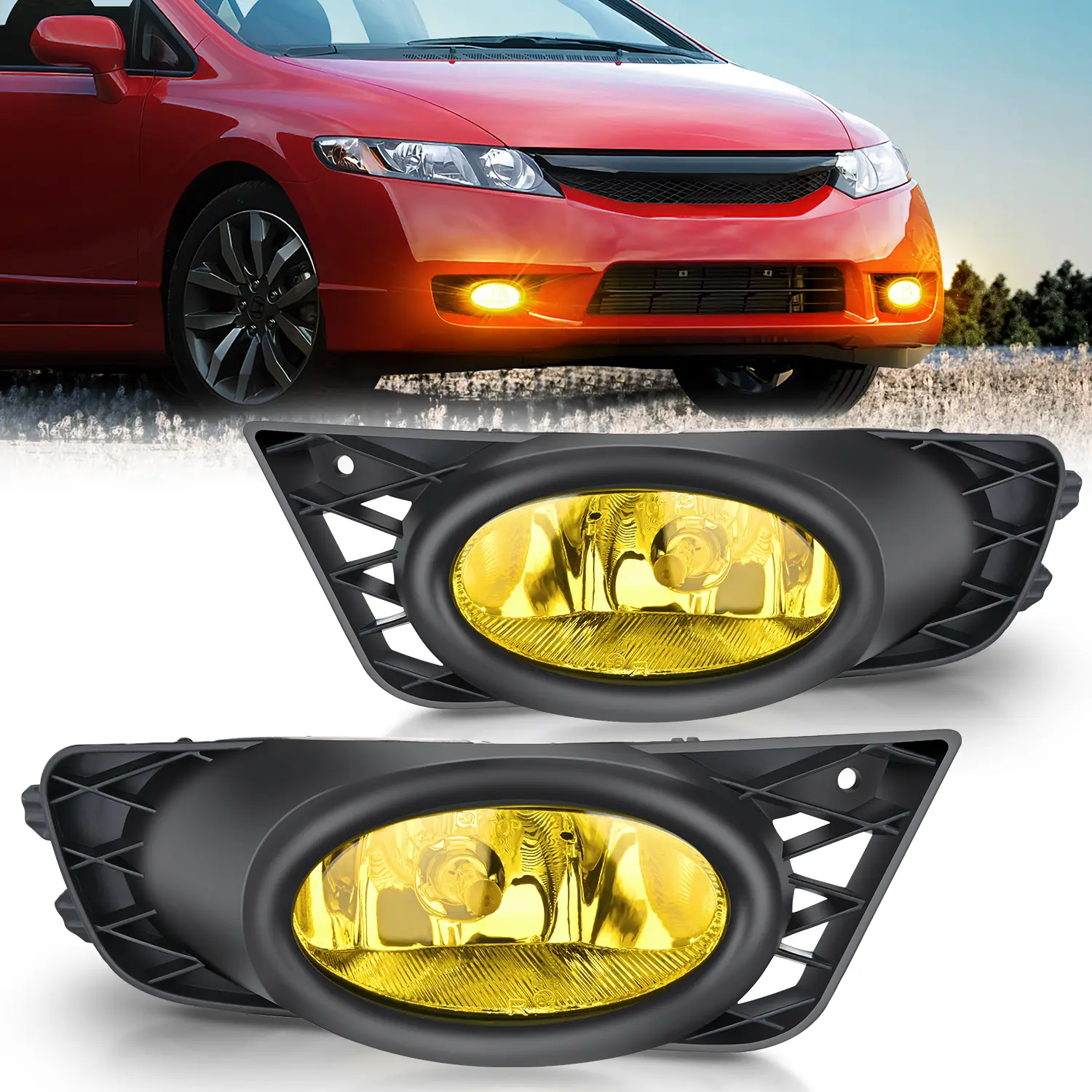 Nilight Pair Set Car Fog Light Assembly, Amber Glass Car Lighting for 2009-2011 Honda Civic 4-Door Sedan, Warm H11 12V 55W Bulb Replacement, Weatherproof, Dustproof, Easy to Install
