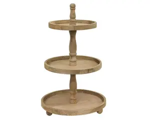 Large three-tiered brown wooden tiered tray decor