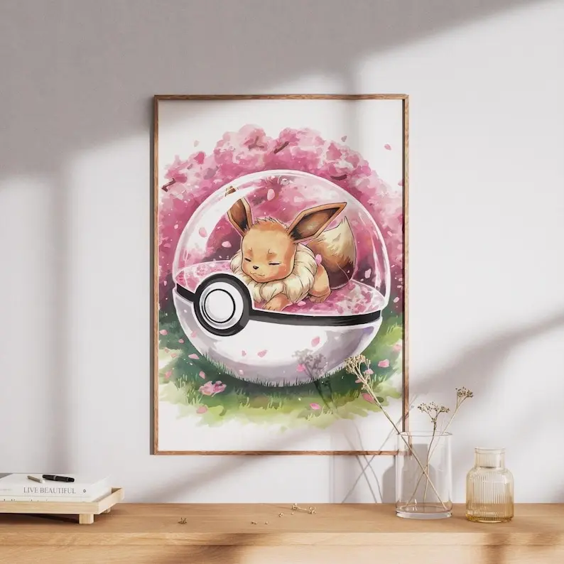 Eevee Sleeping Poster, Japanese Style, Legendary Artwork, Unframed Wall Art, Bedroom Decor Decoration Vibrant Colors