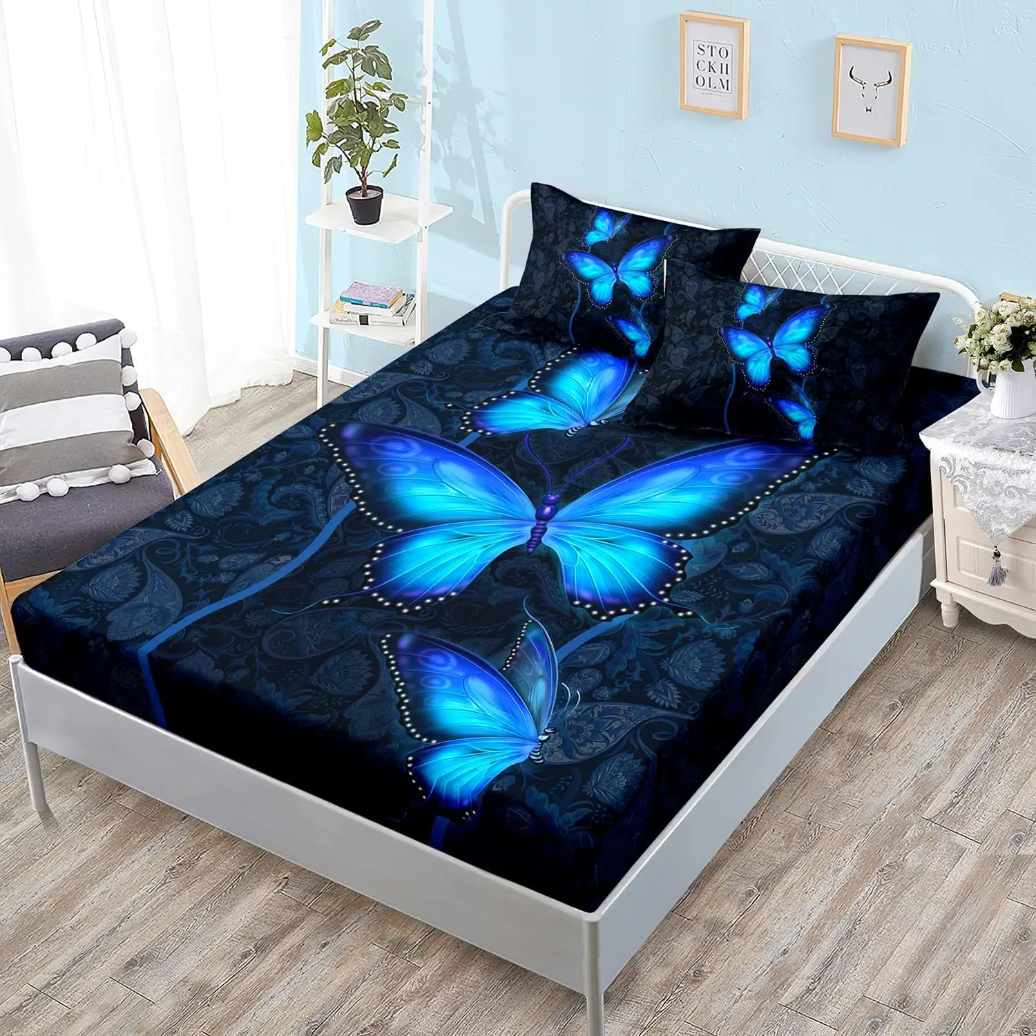 Blue Butterfly Bedding Set for Girls Bedroom Set,Bedding Boho Floral Twin Fitted Sheet Set,Butterfly Print Fitted Sheet Queen Size, 1 Fitted Sheet+2 Pillowcases.
