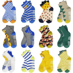 Anti Slip Toddler Socks, 12 Pairs Non-Skid Cotton Grip Kid Socks for 1-7T Boy Girl 6-12 Month Baby, Animals, Ankle Socks
