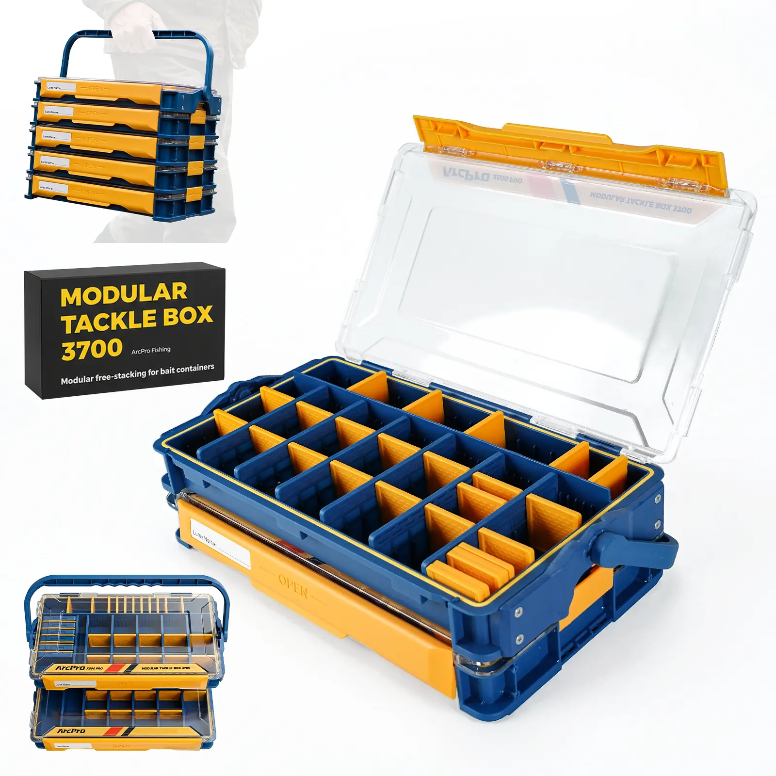 ArcPro 3700 Portable Fishing Tackle Box with Carry Handle, Lure & Hook Organizer, Stackable Modular Fishing Gear Storage System
