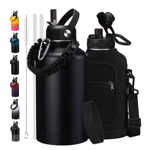 64 oz Insulated Water Bottle - 32/40/64/128oz Stainless Steel Water Bottles with Straw & Spout Lids, Paracord Handle, Carrier Bag with Strap, Protective Cup Mat, Keep Cold-48H & Hot-12H