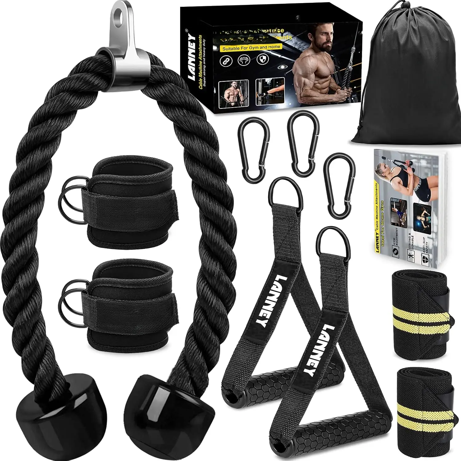Tricep Rope  Machine Attachment, 35" Triceps Pull Down Rope LAT Pulldown Attachments, Home Gym Accessories Set with Resistance Bands Handle, Ankle Straps, Carabiner, Wrist Wraps for Exercise