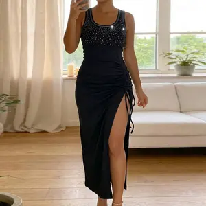 ChicMe Women's Rhinestone Decor U-Neck Sleeveless Side Drawstring Slit Mid-length Dress Slim Fit Knit Tank Dress