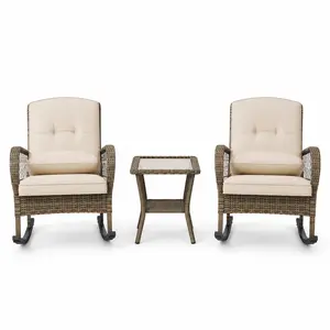 GarveeTools Aesthetic Outdoor Wicker Rocking Chair, Cozy Handwoven PE Rattan Patio Furniture Seating with Plush Washable Cushions, Anti-Slip Ergonomic Porch Rocker Perfect for Small Space Balcony Backyard Sunroom Relaxation Decor, Beige