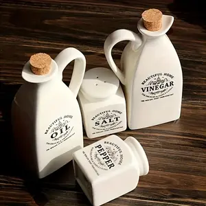 Set of 4 Ceramic Oil Bottles, Leak-Proof Vintage Style Condiment Jars, Kitchen BBQ Camping Picnic Spice Containers, Home Decor Accessories