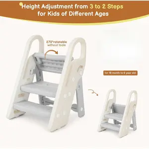 Foldable Step Stool  Bathroom Sink, Adjustable 3 Step Stool  Kids Toilet Potty Training Stool with Handles, Child Kitchen Counter Stool Helper, Plastic Ladder  Toddlers Grey