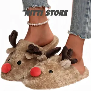 Women Christmas Slippers Comfy Red Moose Cute Cartoon Platform Fuzzy Warm House Winter Soft Cozy Non-Slip Memory Foam Indoor Slippers