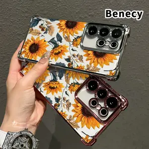 Sunflower Symphony Pattern Phone Case Suitable for Samsung Galaxy S23 Ultra S24 Plus S25 S22+ FE Edge Four Corner Air Cushion Anti Drop Transparent Full Coverage Cover