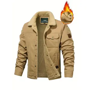 Men's Casual Warm Thick Long-Sleeve Military Jacket - Chic Menswear Collared Coat with Flap Pockets, Button Closure, Plain Beige, Suitable for Autumn, Winter