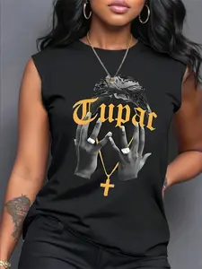 Women's Tupac Casual Print Round Neck Vest, Comfortable Daily Wear, Fashionable Leisure T-Shirt Vest, Perfect for Spring & Summer
