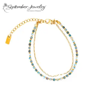 Double Chain Blue Apatite Bracelet – 14K Gold Plated Stainless Steel | 6.5" + 2" Extension