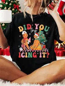 100% Cotton Women Christmas T-shirt Did You Try Icing It ICU Nurse Christmas Gingerbread Retro T-Shirt