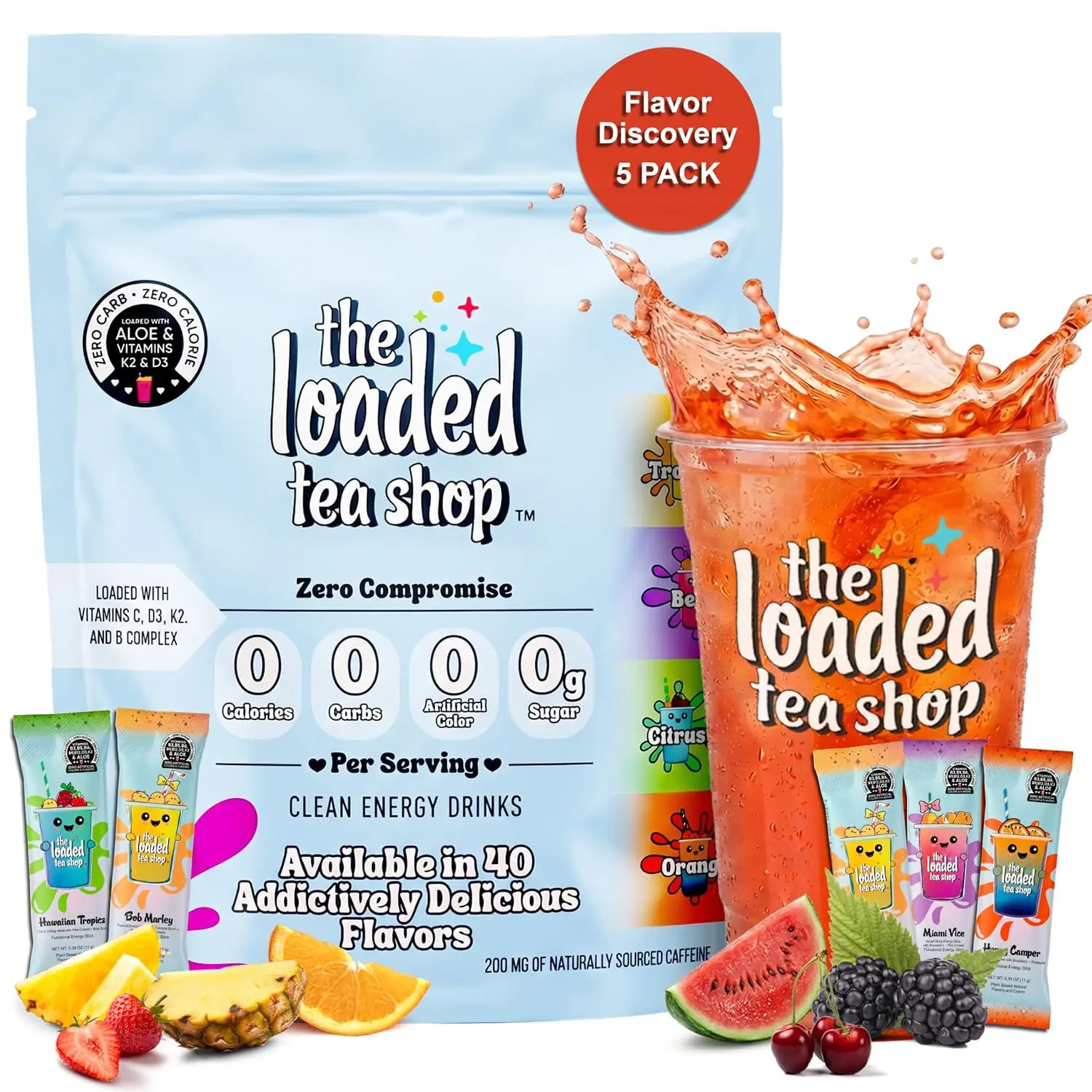 The Loaded Tea Shop Energy Drink Mix Sticks, Flavor Discovery 5 Pack, Sugar-Free Zero-Calorie Powder Packets with 200mg Natural Caffeine & B Vitamins