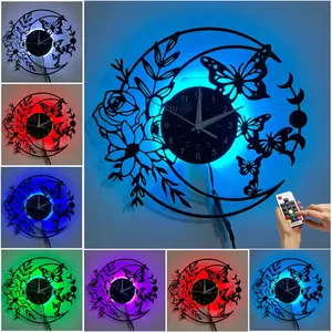 Vintage Moon Flower Vinyl Wall Clock, Silent Clock with Dark Floral Starry Pattern, Unique Gift for Butterfly Lovers and Home Decor
