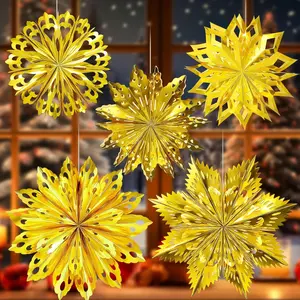 5 Pcs Christmas Paper Star Lanterns 3D Xmas Paper Snowflake Lantern with LED Light Hanging Lamp Ornaments for Xmas New Year Winter Weddings Birthday Holiday Party Decorations