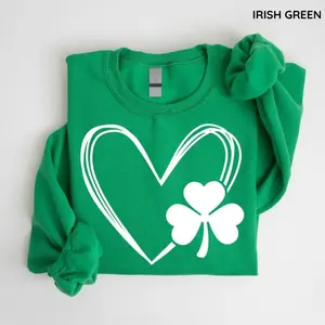 St. Patrick’s Day Heart Shamrock Sweatshirt, Cute Irish Clover Sweater for Women, Lucky Outfit