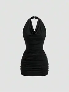 REBEACCA  Black Plunging Neck Tied Back Open Back Sleeveless Bodycon Mini Dress
